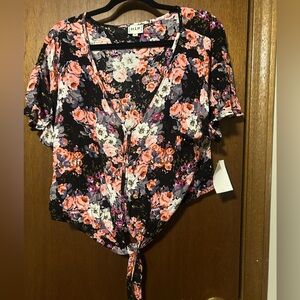 h.i.p. Black and Pink Floral Tie-Front Blouse NWT